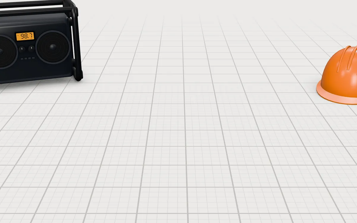 Illustration of the 5 radio headphones to scale, next to a jobsite radio and a hard hat for size