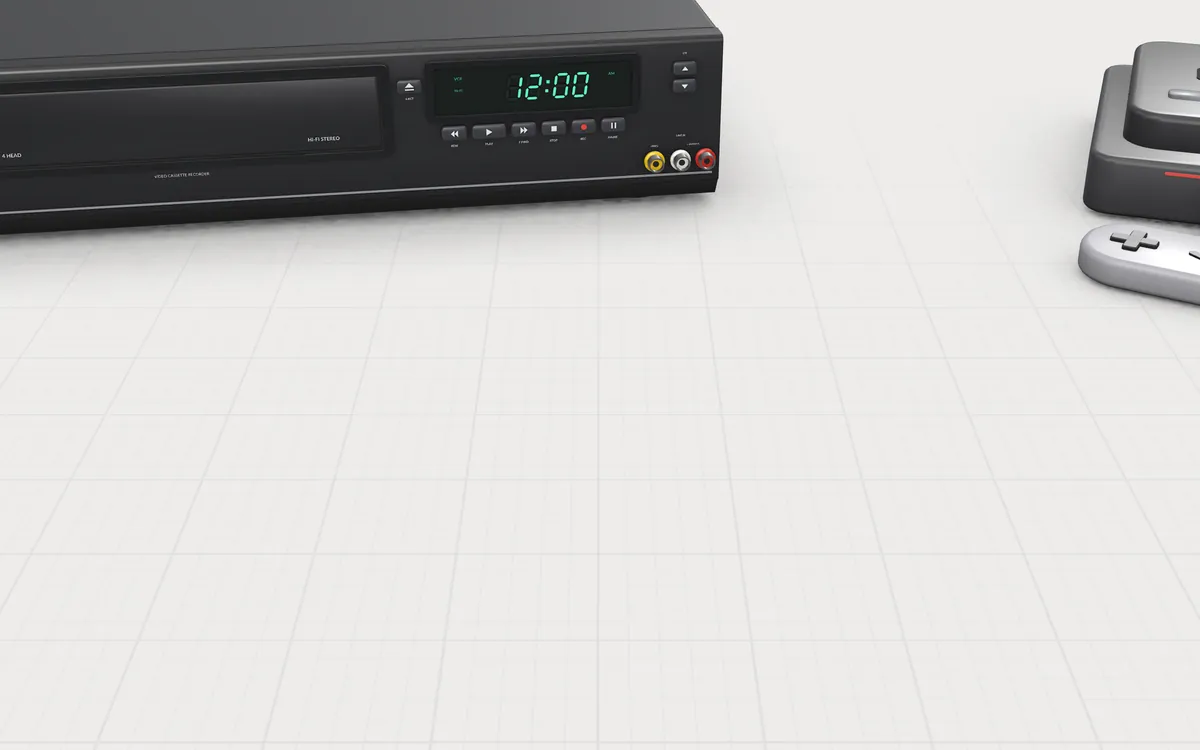 Illustration of the 5 converters to scale, next to a VHS deck and a game console for size