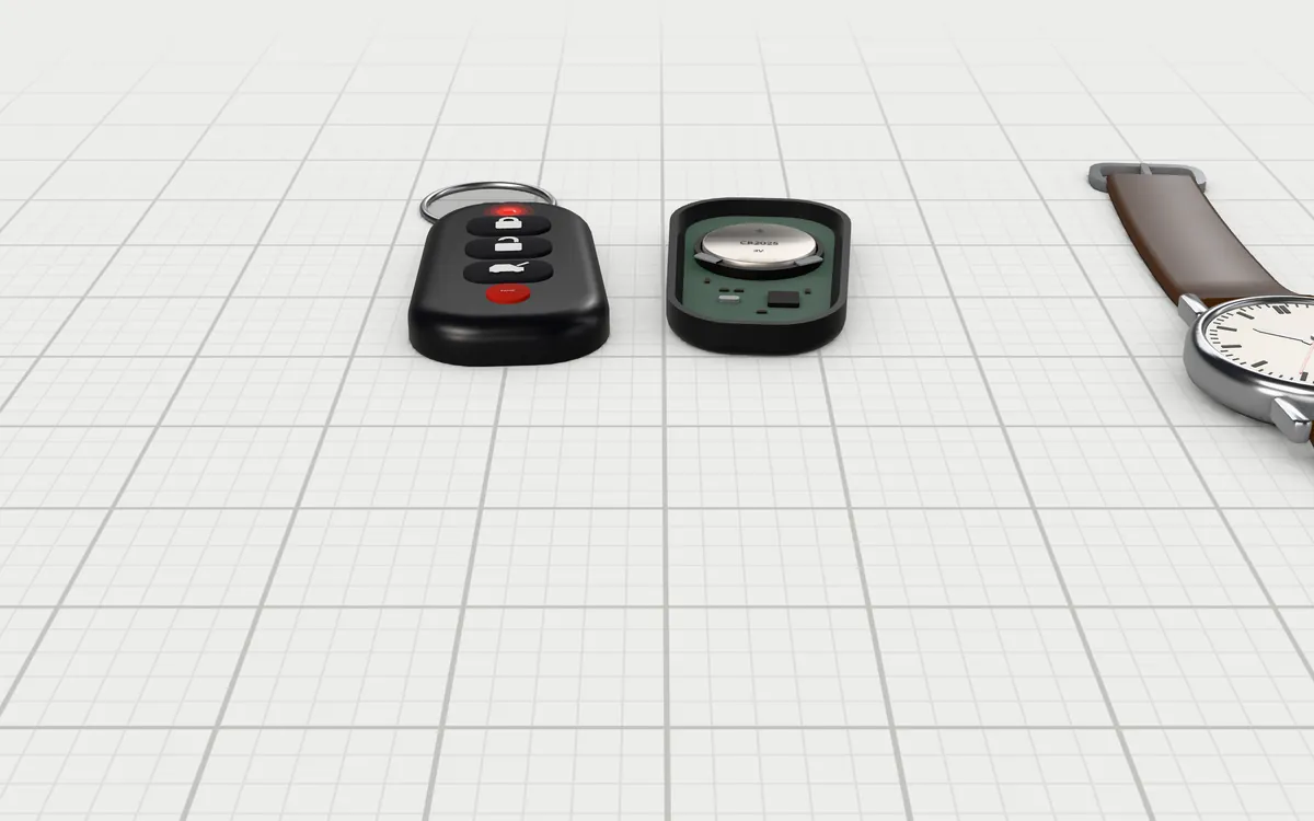Illustration of the 5 batteries to scale, next to a car key fob and a watch for size