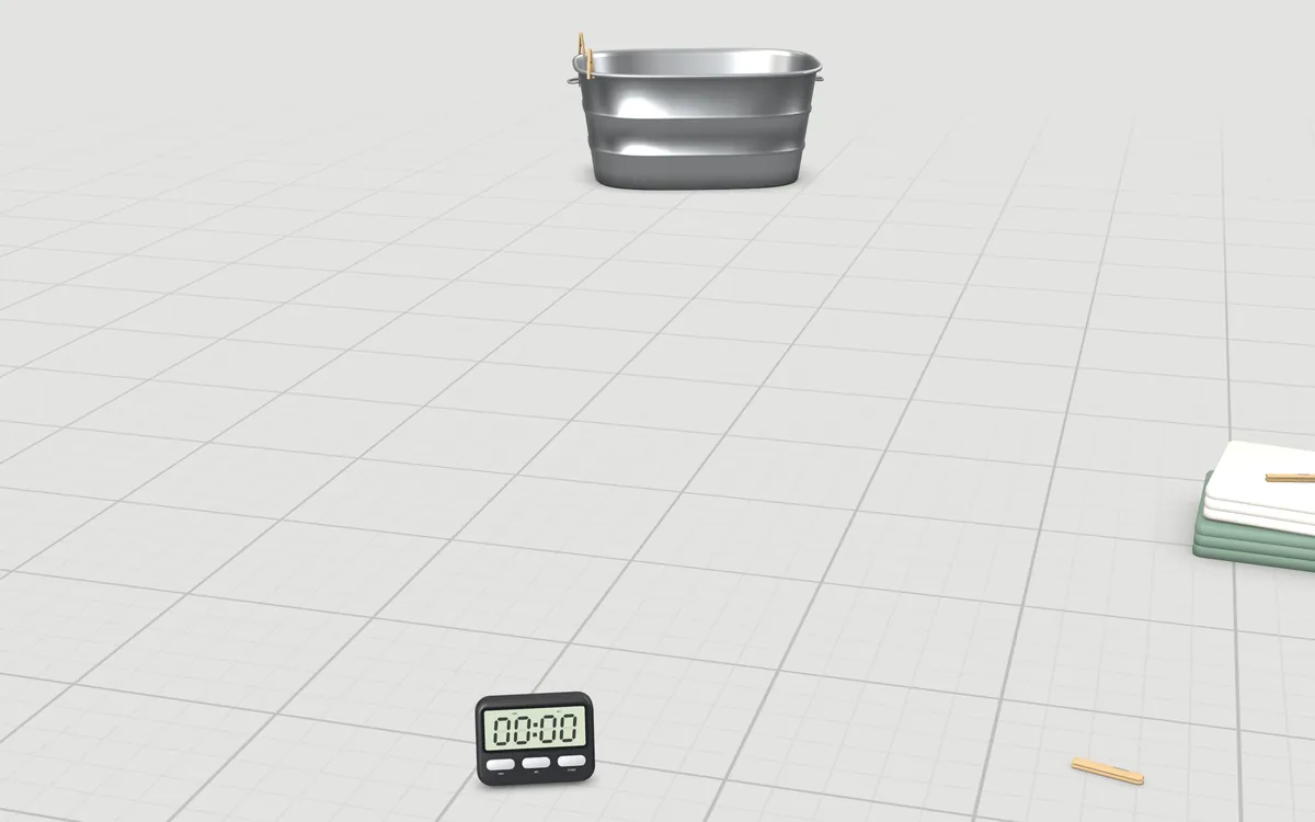 Illustration of the 5 hand wringers to scale, next to a galvanised wash tub, folded towels and a laundry timer for size