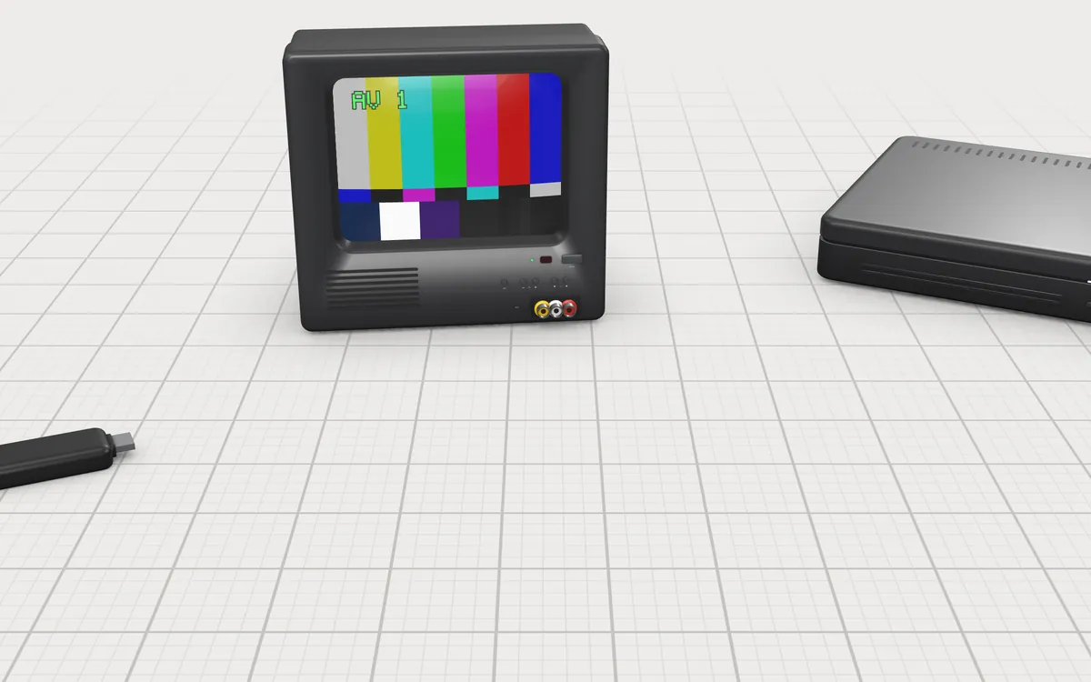 Illustration of the 5 converters to scale, next to a small tube TV, a game console and a streaming stick for size
