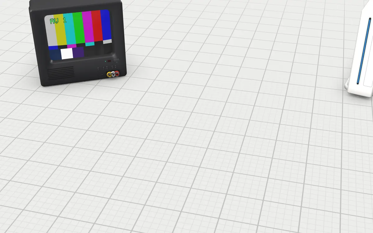 Illustration of the 5 Wii controllers to scale, next to a small tube TV and a slim disc console for size
