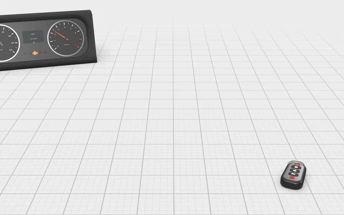 Illustration of the 5 OBD2 gauge displays to scale, next to a piece of a car's instrument cluster and a car key fob for size
